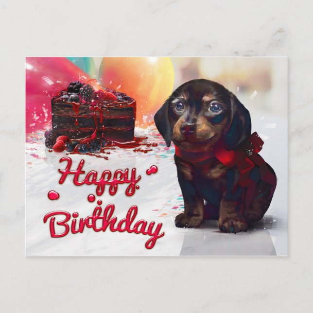 Carte Postale Joyeux Anniversaire Chiot Mignon avec Gâteau (Devant)