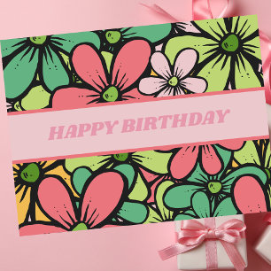 Carte Postale Joyeux Anniversaire coloré Retro Boho Floral