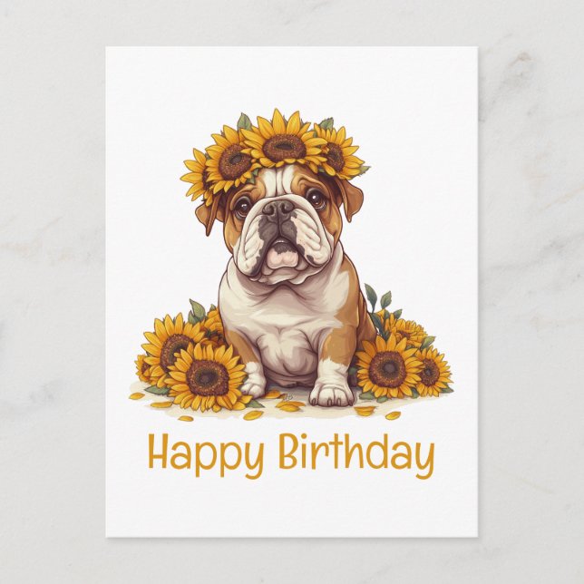 Carte Postale Joyeux Anniversaire Couronne de Tournesol Bouledog (Devant)