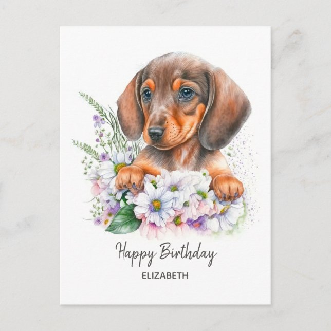 Carte Postale Joyeux Anniversaire | Dachshund et Fleurs à l'aqua (Devant)