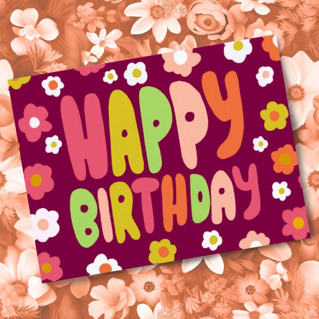 Carte Postale JOYEUX ANNIVERSAIRE Daisies Lettres Bulles PERSONN (Colorful cute daisy happy birthday postcard! Customize with your own text on the back side.)