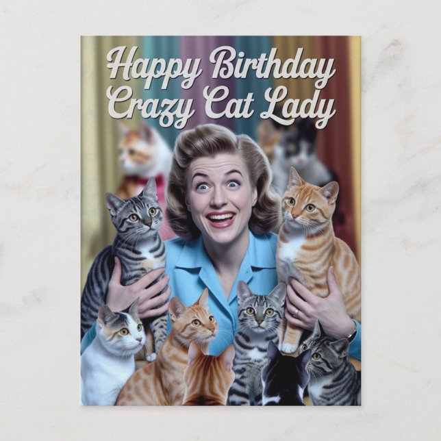Carte Postale Joyeux Anniversaire Dame aux Chats Folle (Devant)