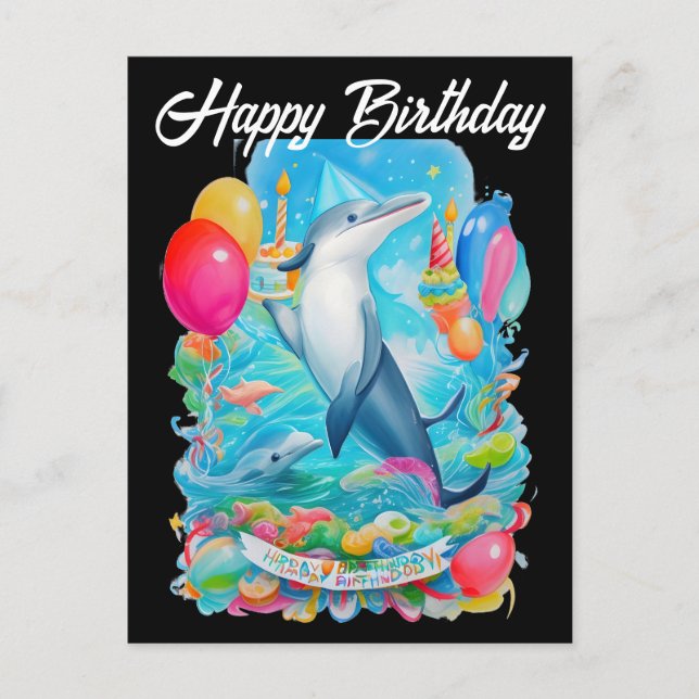 Carte Postale joyeux anniversaire dauphin portant un chapeau d'a (Devant)