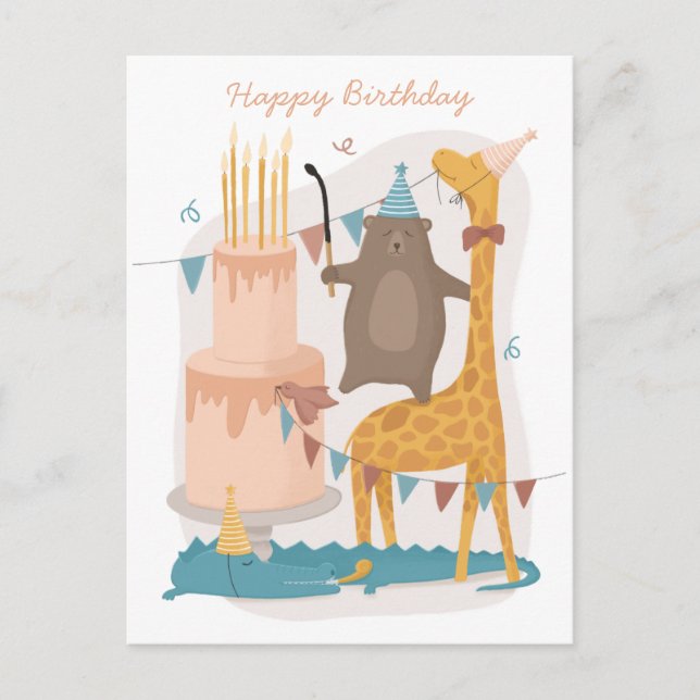 Carte Postale Joyeux anniversaire. De mignons animaux. Funny our (Devant)