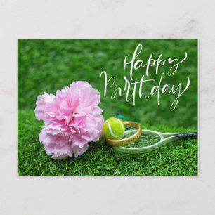 Carte Postale Joyeux anniversaire de tennis avec une fleur d'oei