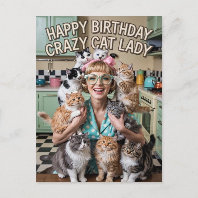 Carte Postale Joyeux Anniversaire drôle rétro Dame Chat Fou (Devant)