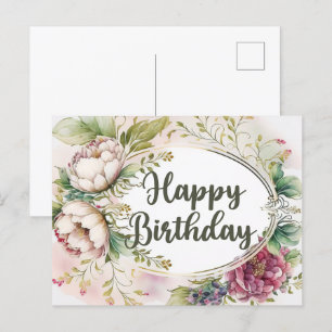 Carte Postale Joyeux Anniversaire Élégantes Fleurs de Jardin Vin