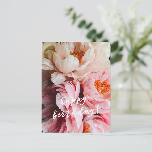 Carte Postale Joyeux Anniversaire ! Élégants Pivoines Roses et R (Debout devant)