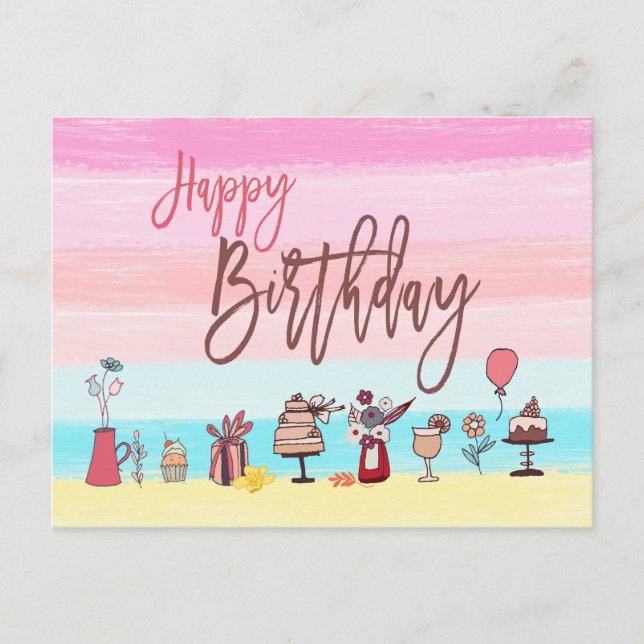Carte Postale Joyeux Anniversaire Feminine Jolie Pastel Stripes/ (Devant)