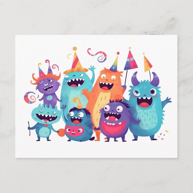 Carte Postale Joyeux anniversaire. Fête de monstres avec des mon (Devant)