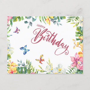 Carte Postale Joyeux Anniversaire Feuilles tropicaux, Fleurs, Pa