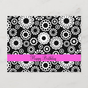 Carte Postale Joyeux Anniversaire Fleur Rétro Noir Blanc Gras