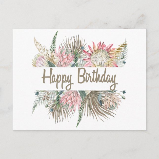 Carte Postale Joyeux Anniversaire Fleurs aquarelles exotiques, F (Devant)