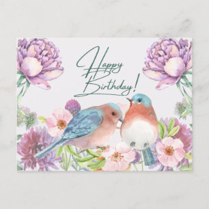 Carte Postale Joyeux Anniversaire Fleurs Aquarelles, Oiseaux 