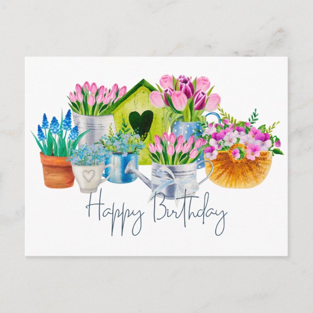 Carte Postale Joyeux Anniversaire Fleurs de jardin à l'aquarelle (Devant)