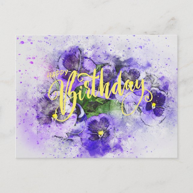 Carte Postale Joyeux Anniversaire Fleurs de Pensée Aquarelle Vio (Devant)