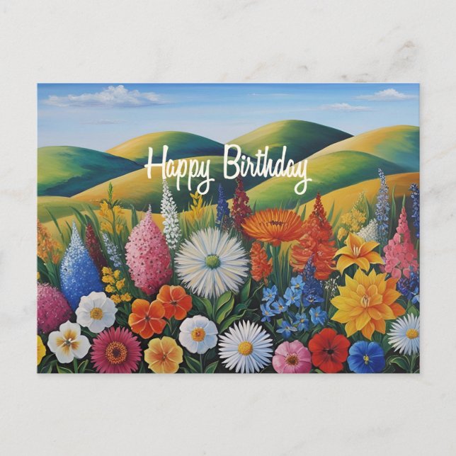 Carte Postale Joyeux Anniversaire Fleurs d'été sur les collines  (Devant)