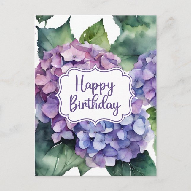 Carte Postale Joyeux Anniversaire Fleurs d'Hydrangea Violettes  (Devant)