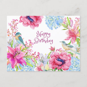 Carte Postale Joyeux Anniversaire Fleurs Et Oiseaux Aquarelle Vi