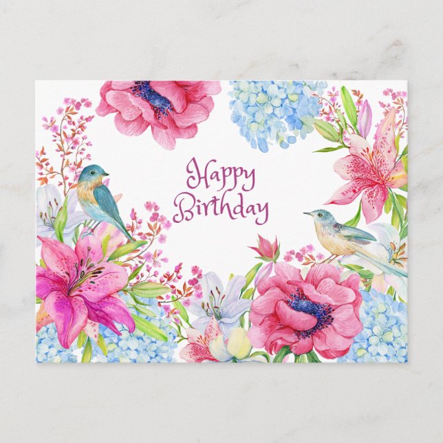 Carte Postale Joyeux Anniversaire Fleurs Et Oiseaux Aquarelle Vi (Devant)