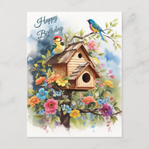 Carte Postale Joyeux anniversaire Floral Birdhouse and Birds