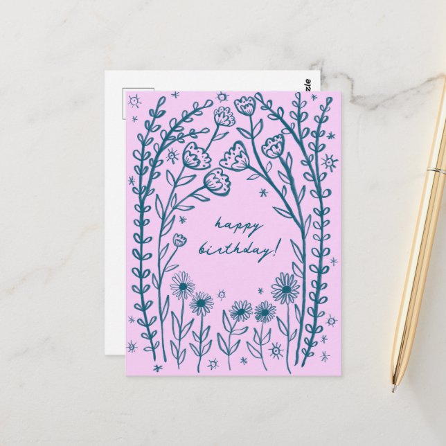 Carte Postale Joyeux Anniversaire Floral Fantaisie Sketch Doodle (Devant/Arrière en situation)