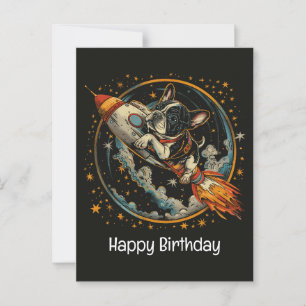 Carte Postale Joyeux Anniversaire Fusée Bouledogue Français