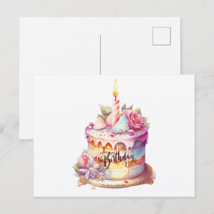 Carte Postale Joyeux Anniversaire Gâteau à l'aquarelle avec Fleu