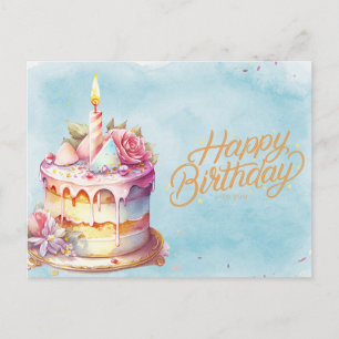 Carte Postale Joyeux Anniversaire Gâteau à l'aquarelle avec Fleu
