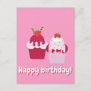Carte Postale Joyeux Anniversaire - Gâteaux Fraises Roses Mignon