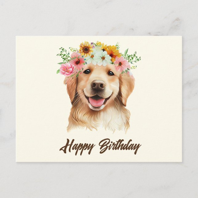 Carte Postale Joyeux Anniversaire Golden Retriever avec des Fleu (Devant)