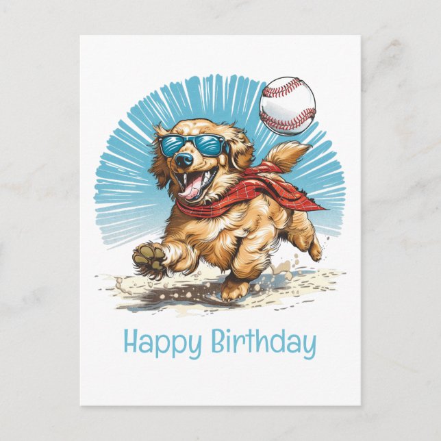 Carte Postale Joyeux Anniversaire Golden Retriever Jouant au Bas (Devant)