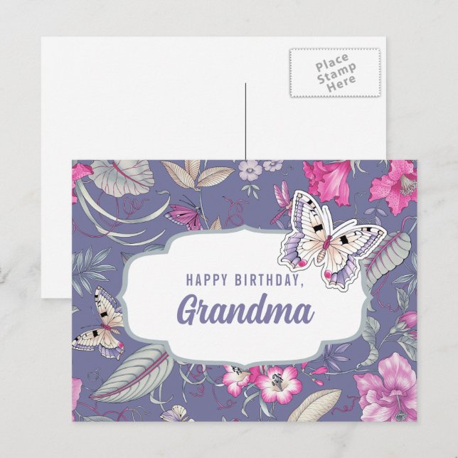 Carte Postale Joyeux anniversaire, grand-mère. Fleurs et papillo (Devant / Derrière)