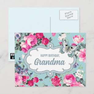 Carte Postale Joyeux anniversaire, grand-mère. Fleurs et papillo