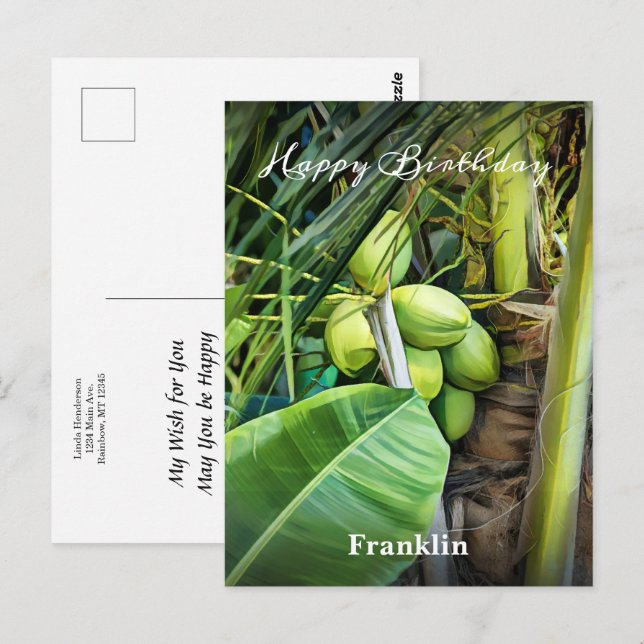 Carte Postale Joyeux Anniversaire Hommes Cocotiers Tropical Pers (Devant / Derrière)