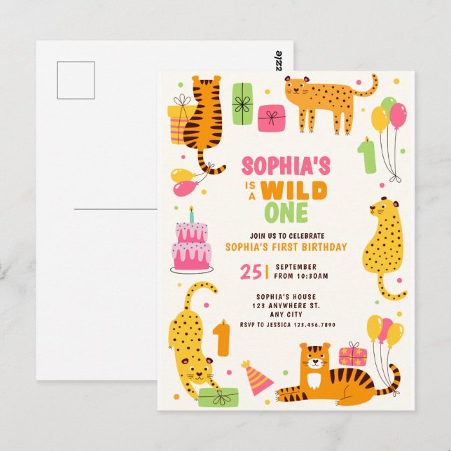 Carte Postale Joyeux anniversaire illustré d'animaux sauvages mi (Devant / Derrière)