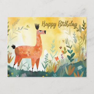 Carte Postale Joyeux Anniversaire Joli Alpaca et Nature Abstrait