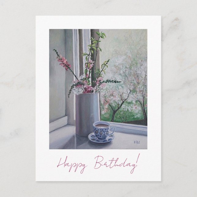 Carte Postale Joyeux anniversaire joli rose fleurs printanières  (Devant)