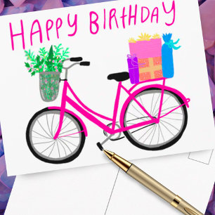 Carte Postale Joyeux Anniversaire Joli Vélo Rose Personnalisé 