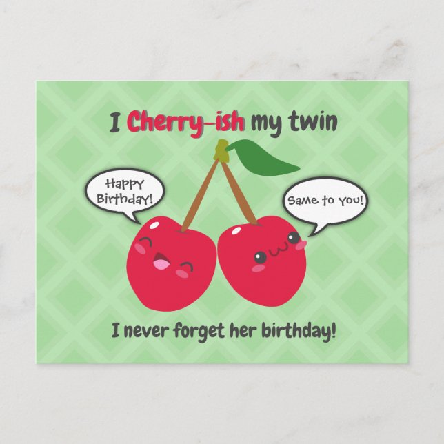Carte Postale Joyeux Anniversaire Jumeaux Kawaii Cerise Rouge Mi (Devant)
