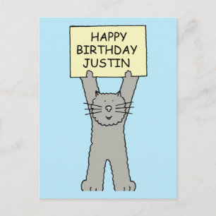 Carte Postale Joyeux anniversaire Justin Cartoon Cat