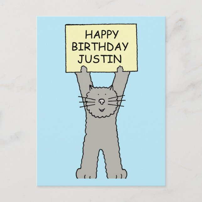 Carte Postale Joyeux anniversaire Justin Cartoon Cat (Devant)