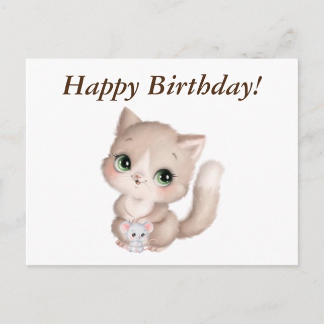 Carte Postale Joyeux Anniversaire Kitten et Souris Aquarelle (Devant)