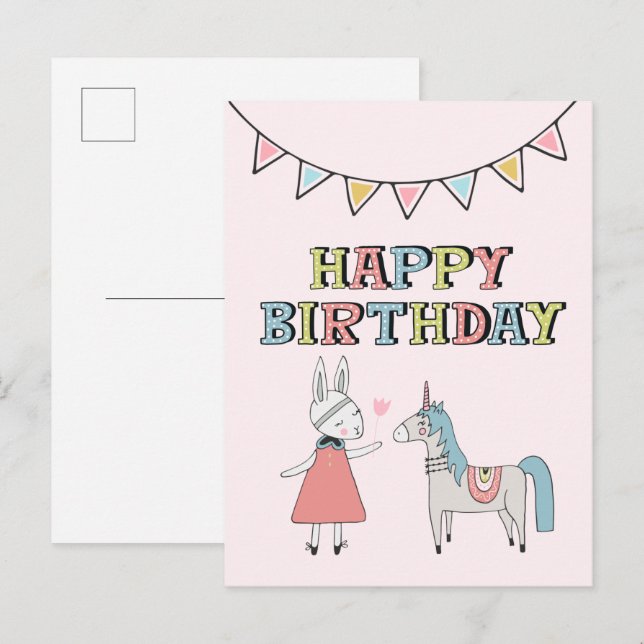 Carte Postale Joyeux Anniversaire Lapin et Licorne (Devant / Derrière)