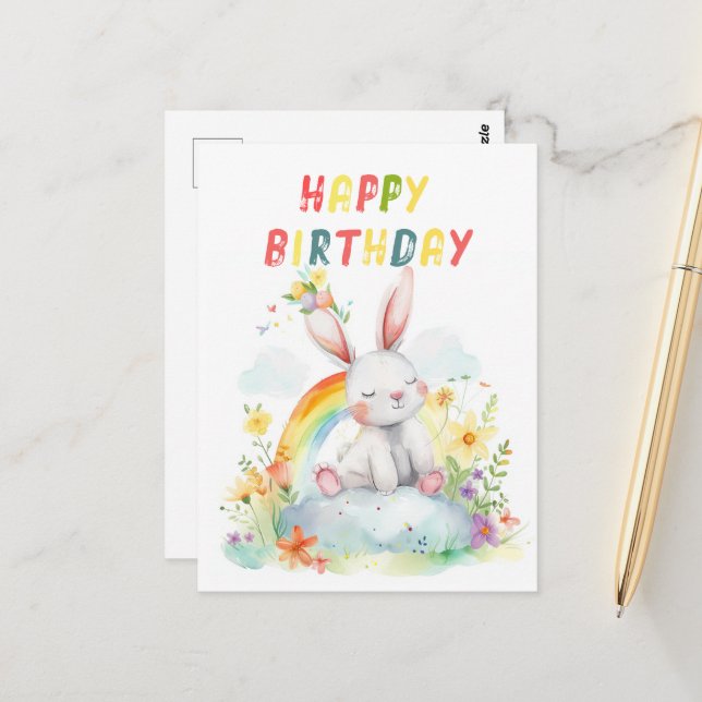 Carte Postale Joyeux Anniversaire Lapin Mignon Couleurs de l'Arc (Devant/Arrière en situation)