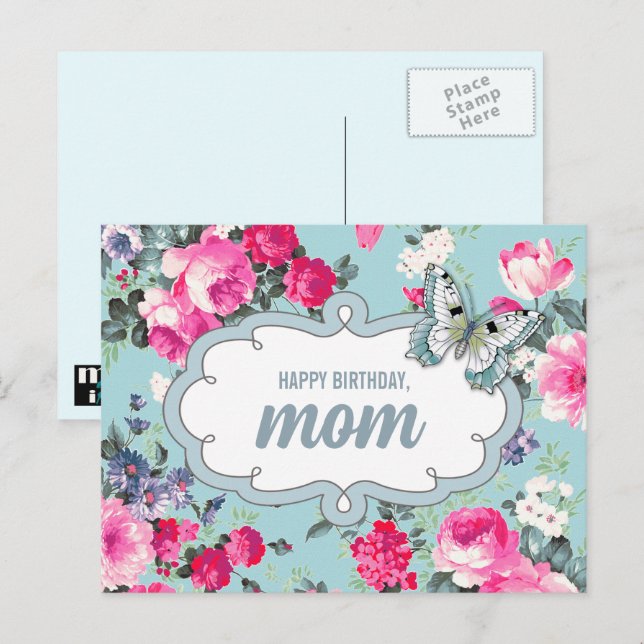 Carte Postale Joyeux anniversaire, maman. Fleurs et papillon (Devant / Derrière)