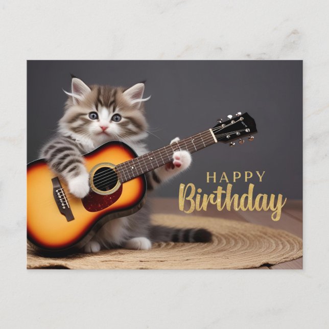 Carte Postale Joyeux Anniversaire Mignon Chatons Jouant de la Gu (Devant)