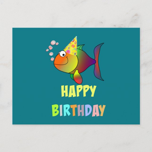 Carte Postale Joyeux anniversaire, mignon et coloré poisson cari (Devant)