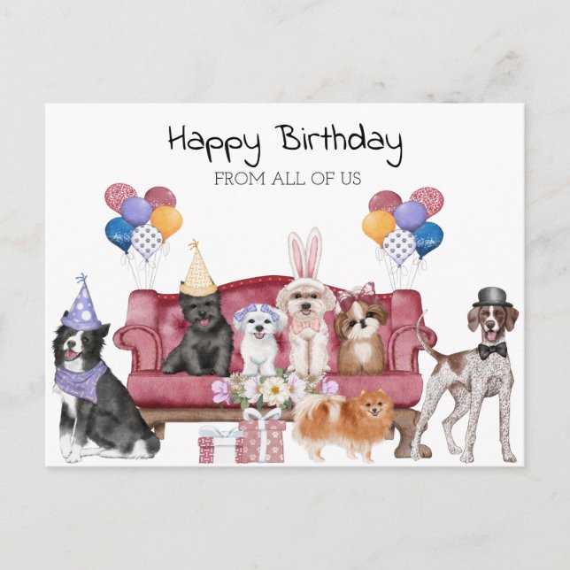 Carte Postale Joyeux Anniversaire Mignons Chiots  (Devant)