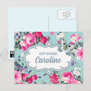 Carte Postale Joyeux anniversaire. Nom personnalisé   Fleurs et 